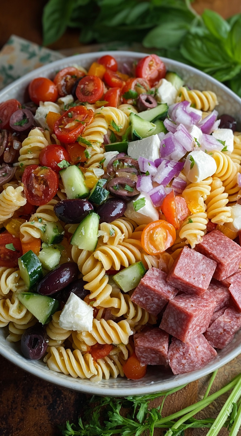 Eine italienische Pasta Salat mit einer Vielzahl von Zutaten wie Tomaten, Zucchini, Oliven, Onion, Käse, Salami, Garnelen und Pasta.