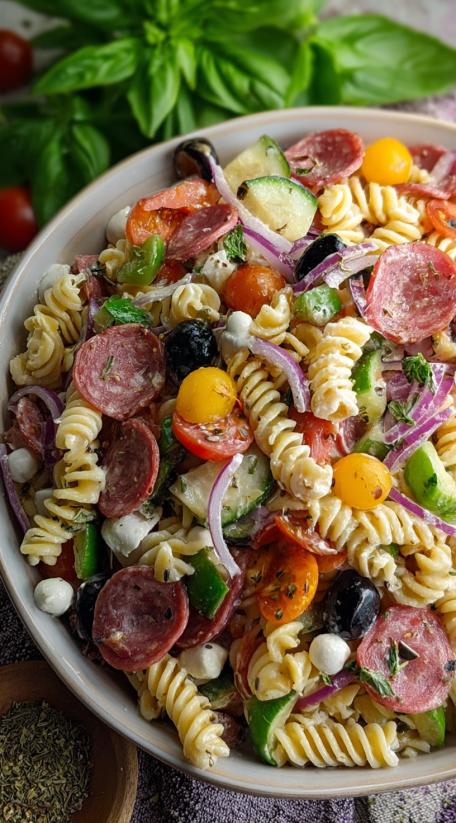 Ein Bilde, das eine italienische Pasta Salat zeigt, mit vielen verschiedenen Zutaten wie Tomaten, Zwiebeln, Oliven, Sardinen, Gurken, Paprika und vielen anderen Zutaten.