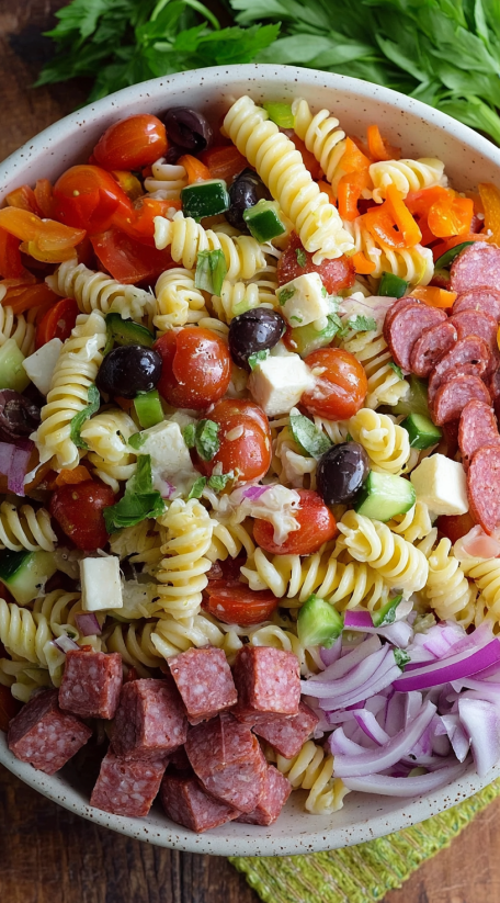 Eine italienische Pasta Salat mit Tomaten, Zucchini, Basilikum, Oliven und Salz.