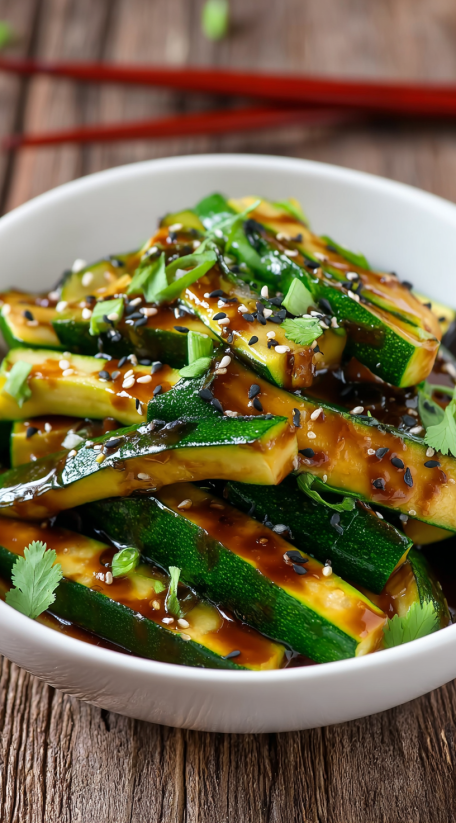 Ein weißer Teller mit Zucchini in einer Soße, die mit Sesam und Zwiebeln zubereitet wurde.