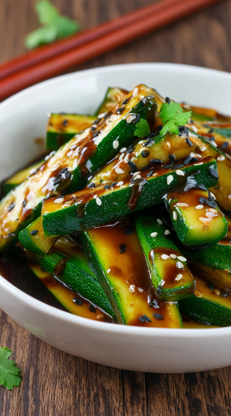 Ein weißer Wok mit Zucchini in einer soßen.