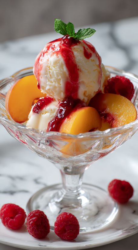 Ein Glas mit Peach Melba, bestehend aus Peach, Vanilleeis und Schlagsahne.