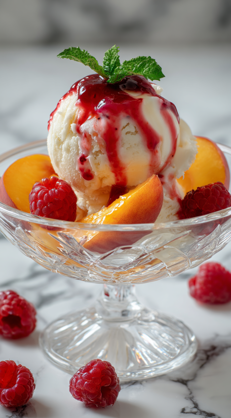 Ein Glas mit Peach Melba, bestehend aus Peach, Raspberry und Vanille.