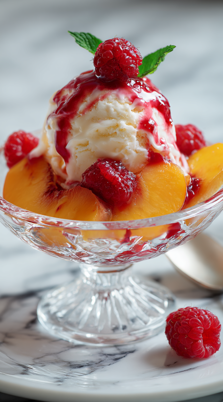 Ein Glas mit Peach Melba, bestehend aus Peach, Vanilleeis und Raspberry.