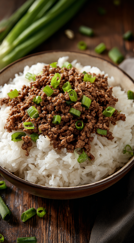 Ein Beef-Gericht in einem Becher mit Rice und grünen Zwiebeln.