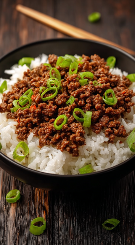 Ein schwarzes Bowl mit Rice und Mongolian Ground Beef.