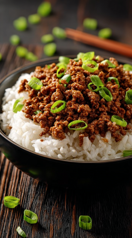 Ein schwarzes, leeres Bowl mit Rice und Mongolian Ground Beef.