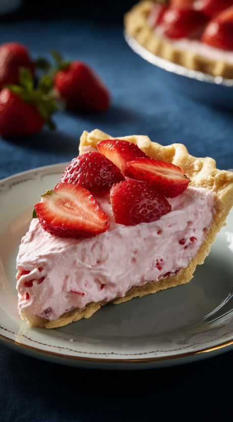Ein Strawberry Parfait Pie mit Strawberries und Pinkem Eis auf einem Plate.