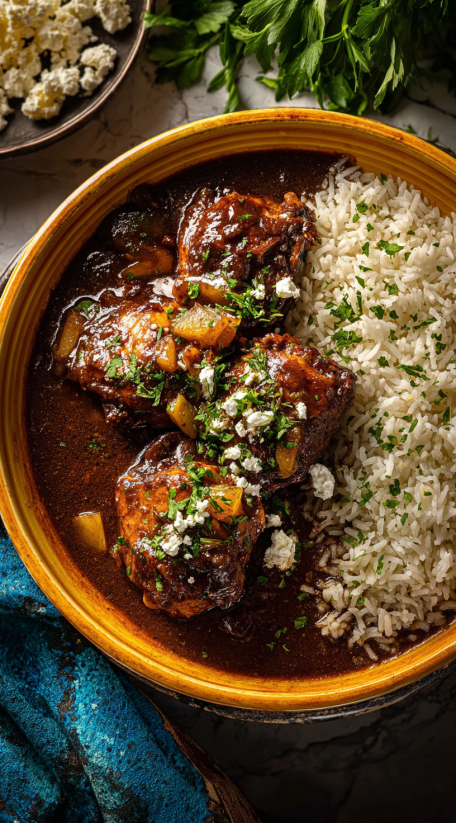 Ein Glas mit Jamaican Chicken Stew, das aus Rice, Chicken und verschiedenen Gem&uuml;sezutaten besteht.