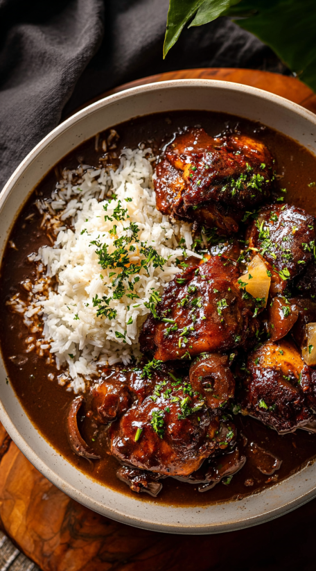 Ein Bild von Jamaican Chicken Stew mit Rice und Zwiebeln.