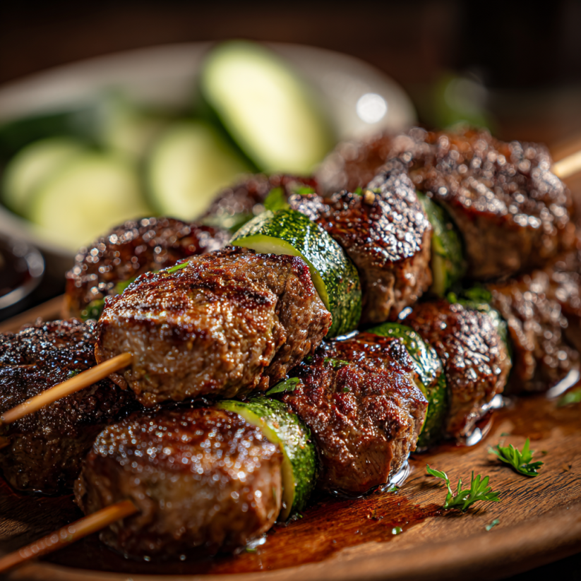 Eine Platte mit grünen und roten Zwiebeln, die mit Steak garniert sind.