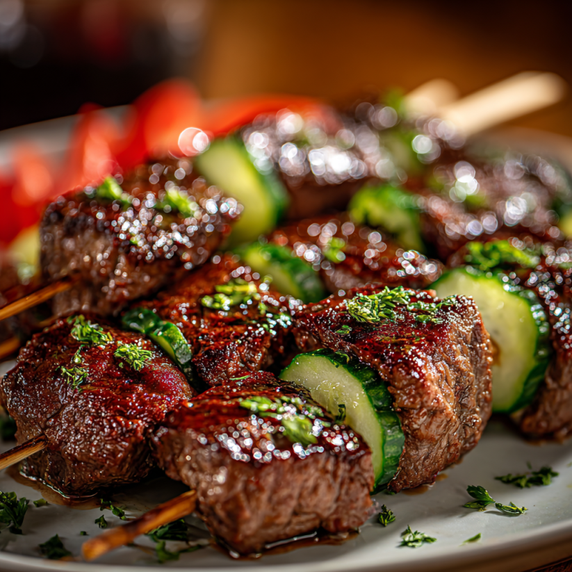 Eine Platte mit gegrillten Steaks und Zwiebeln.