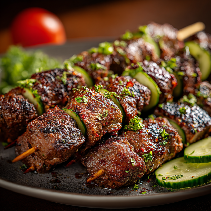 Eine Platte mit grünen Zwiebeln und schwarzen Steak-Kebabsticks, die mit Tomaten und Zwiebeln garniert sind.