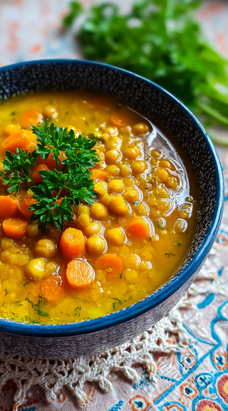 Ein Schalen mit Linsen-Linsen-Suppe, die mit einer Scheibe von Karotten garniert ist.