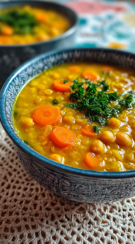 Ein Schalen mit einer cremigen, kräftigen und kräftigen Linsen-Turmerik-Suppe, die mit grünen Kräutern und Karotten geschmolzen ist.