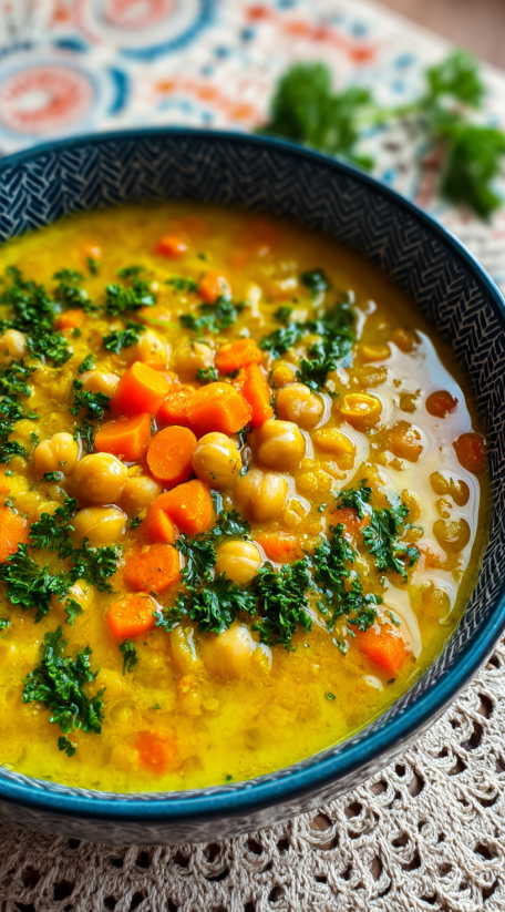 Ein Bild von einer Schüssel mit einer Mischung aus Linsen, Kichererbsen und Karotten.