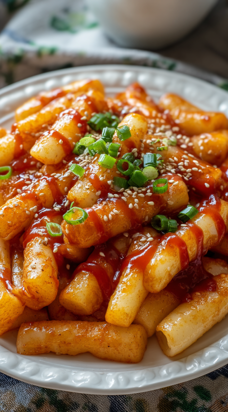 Tteokbokki mit gerösteten Tteokbokki-Streifen, die in einer Sauce mit Sojasauce und Sesamseeds getaucht sind.