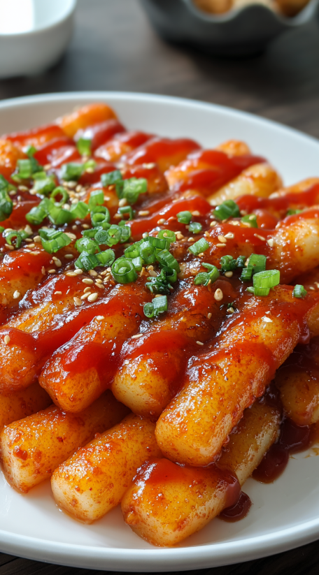 Ein Bild von Tteokbokki, einer koreanischen Gerichte, die aus gerösteten Reissticks, Zwiebeln, Knoblauch und einer Soße aus Zwiebeln, Knoblauch und Tomaten hergestellt wird.