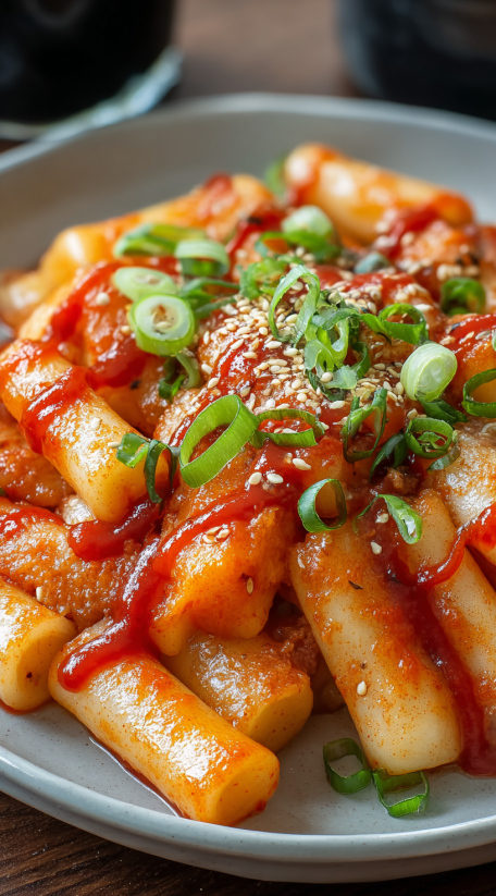 Ein Gericht aus Tteokbokki mit Pasta, Zwiebeln, Sesam und Ketchup.