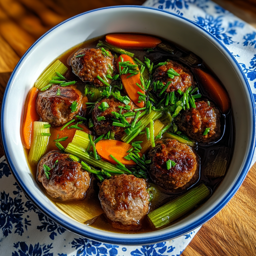 Ein weißer Teller mit einer Mischung aus Gemüse und Fleisch, darunter Karotten, Zwiebeln und Kartoffeln.