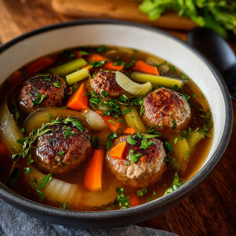 Ein Topf mit einer Suppe, die aus Kartoffeln, Zwiebeln, Karotten und anderen Gemüsezutaten besteht.