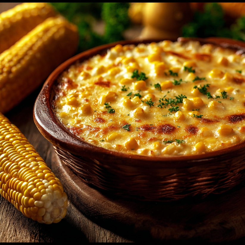 Ein Korn Casserole in einem Kornkorb mit Korn auf dem Teller.