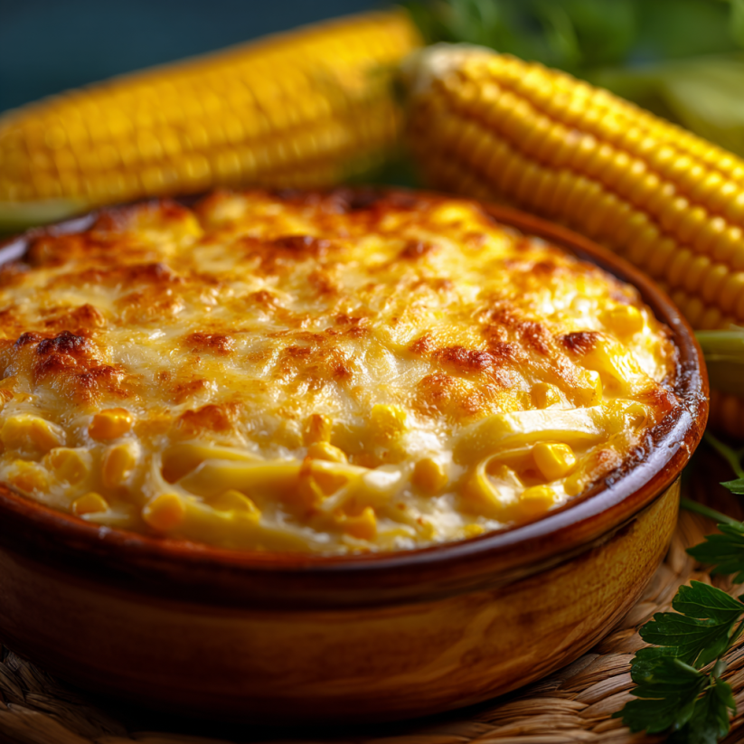 Ein Korn Casserole in einem Holz-Bowl.