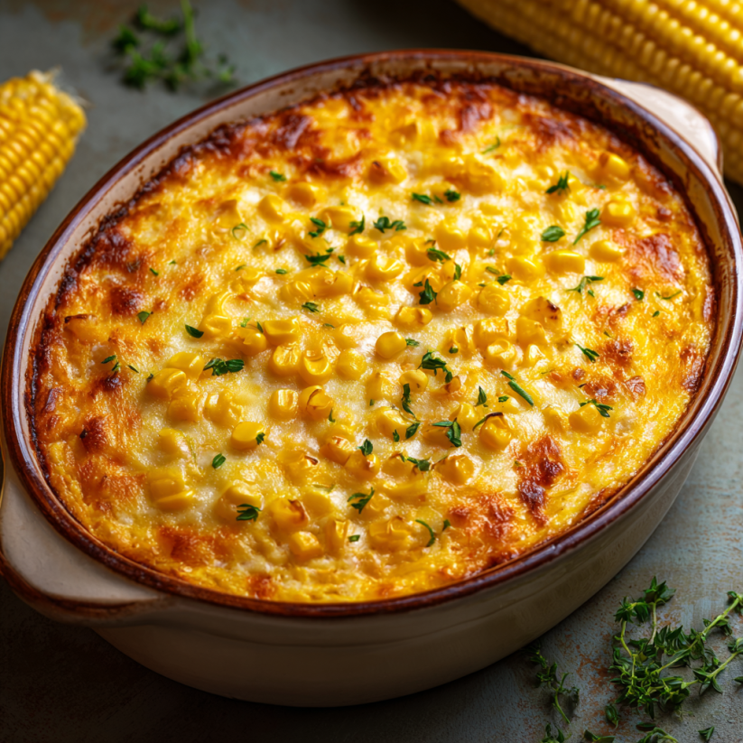 Ein Korn Casserole in einem weißen Teller.