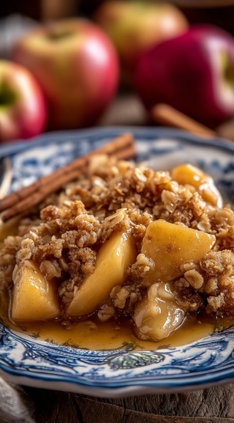 Ein Bild von einer Apple Crisp mit gerösteten Walnüssen und Zucker.