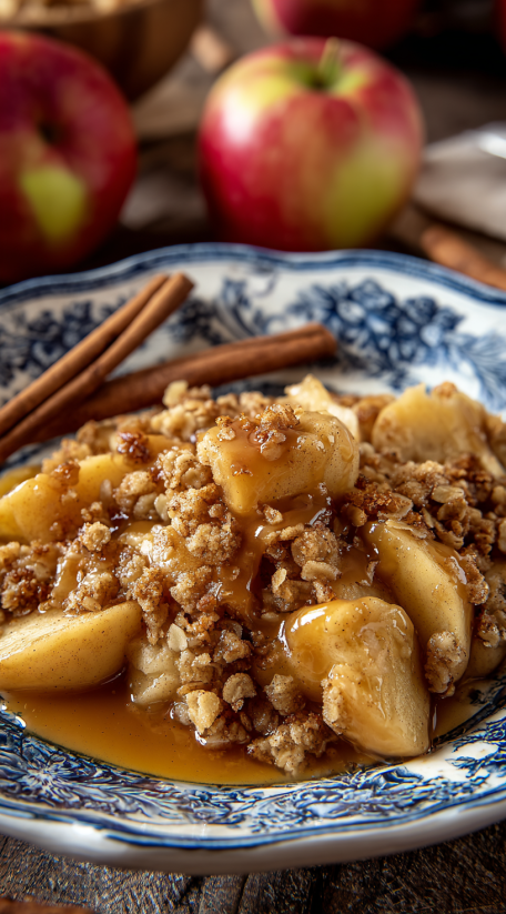 Ein Plate mit einer Mischung aus Bananen, Walnüssen und Zucker, die als Apple Crisp bezeichnet wird.