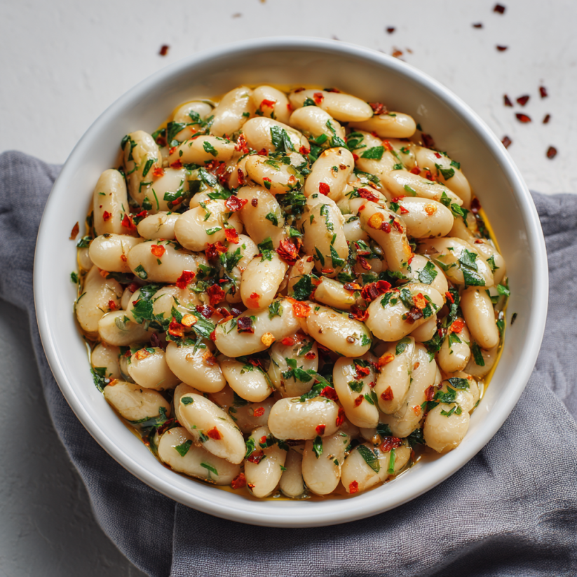 Ein weißer Becher mit marinierten Butterbohnen, die mit grünen Zutaten und Gewürzen garniert sind.