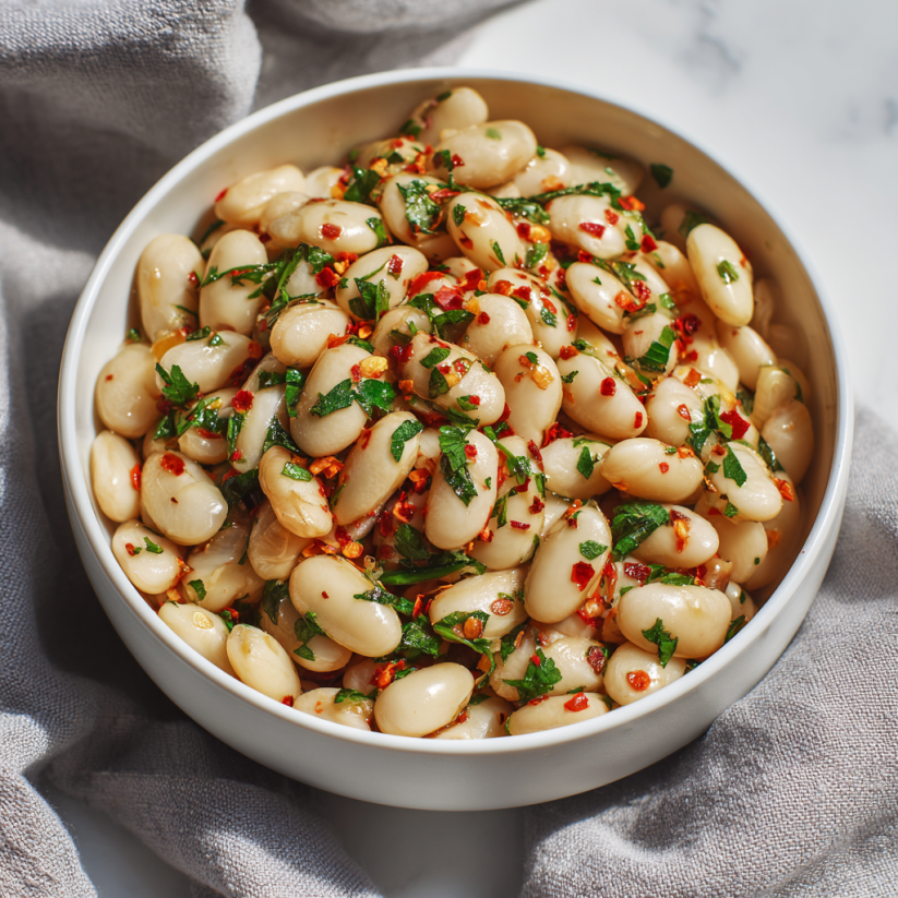 Ein weißer Teller mit marinierten Butterbohnen.