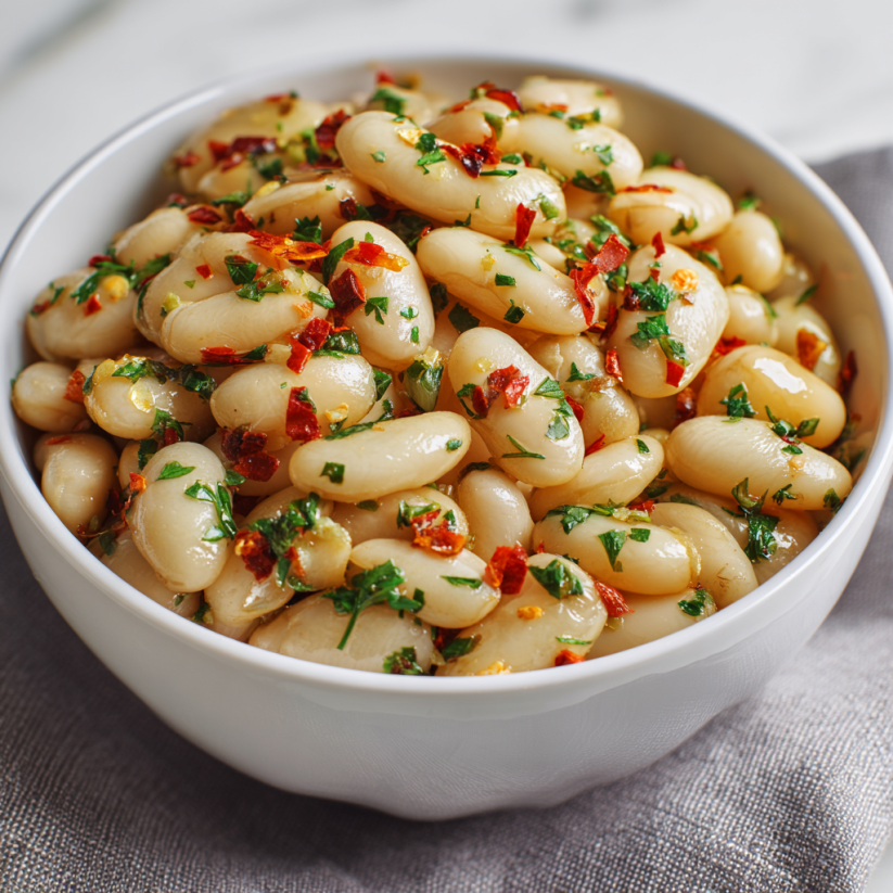Ein weißer Becher mit Marinated Butter Beans.