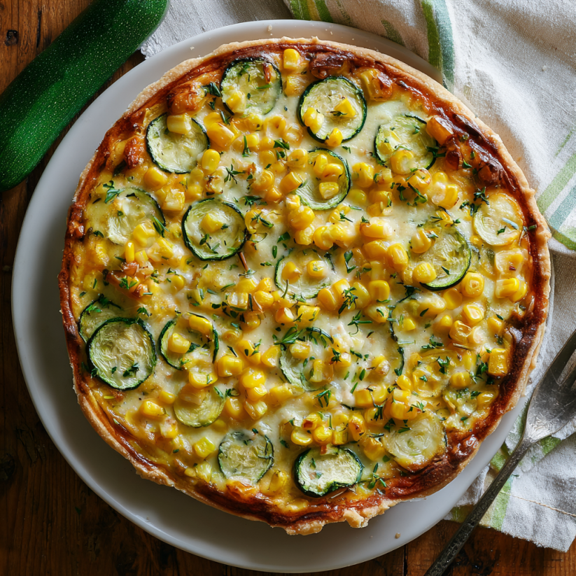 Ein Plate mit einem Sweet Corn and Zucchini Pie, das aus Zucchini, Kartoffeln und Mais zubereitet wurde.