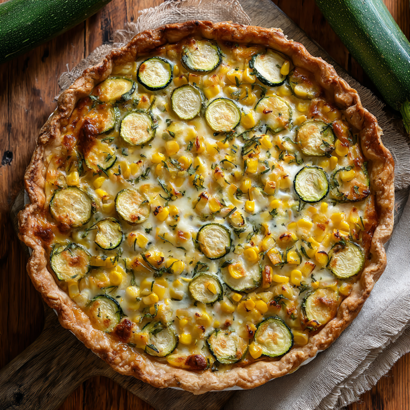 Ein Pie mit Zucchini und Mais.