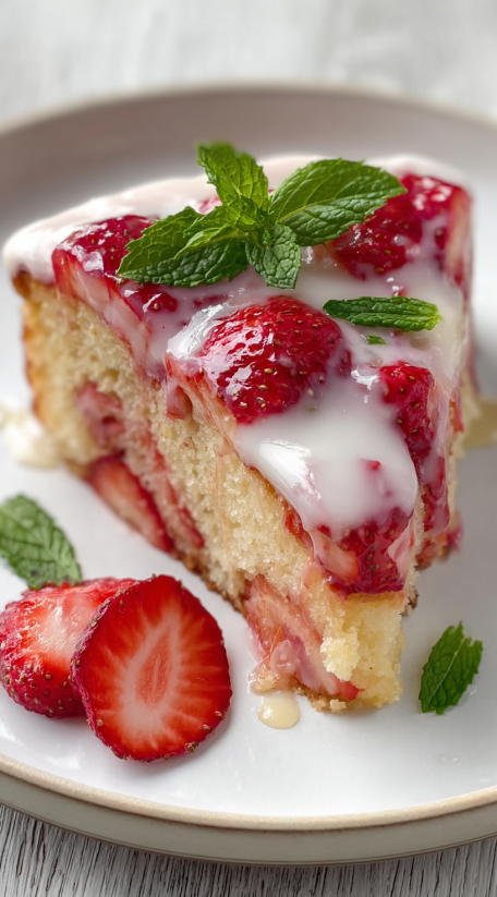 Ein Stück Strawberry Honeybun Cake mit Strawberries und Mint.