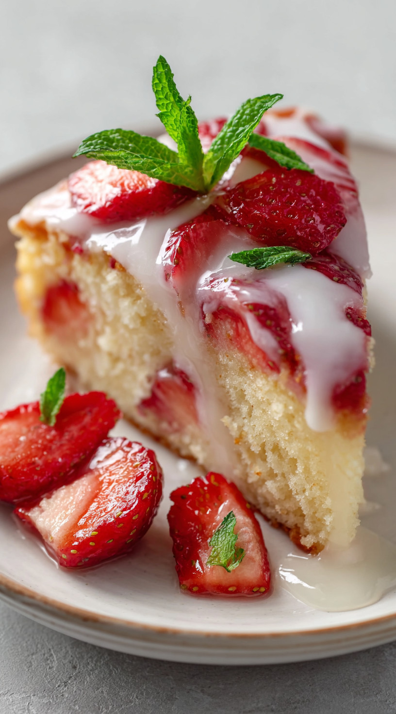 Ein Stück Strawberry Honeybun Cake mit Strawberries darunter.