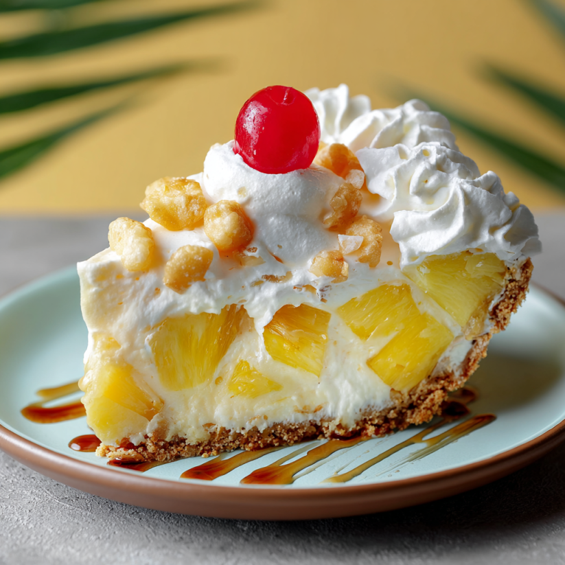 Eine Pineapple Cream Pie mit einer Schaumkugel auf einem Plate.