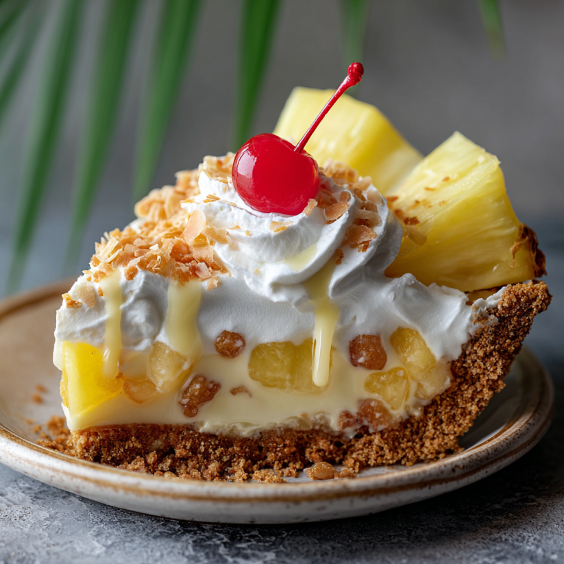 Ein Stück Pineapple Cream Pie auf einem Plate.