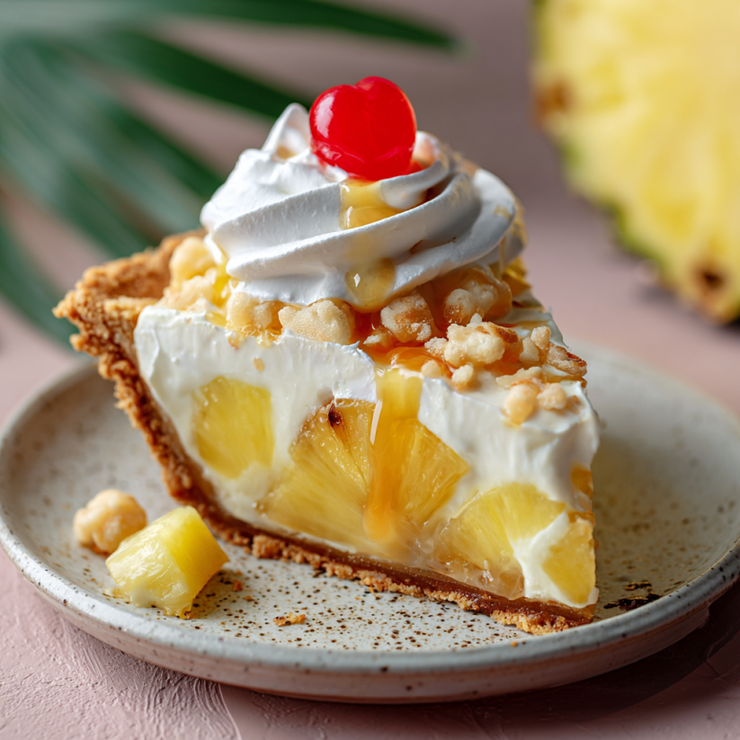 Ein Stück Pineapple Cream Pie auf einem Teller.