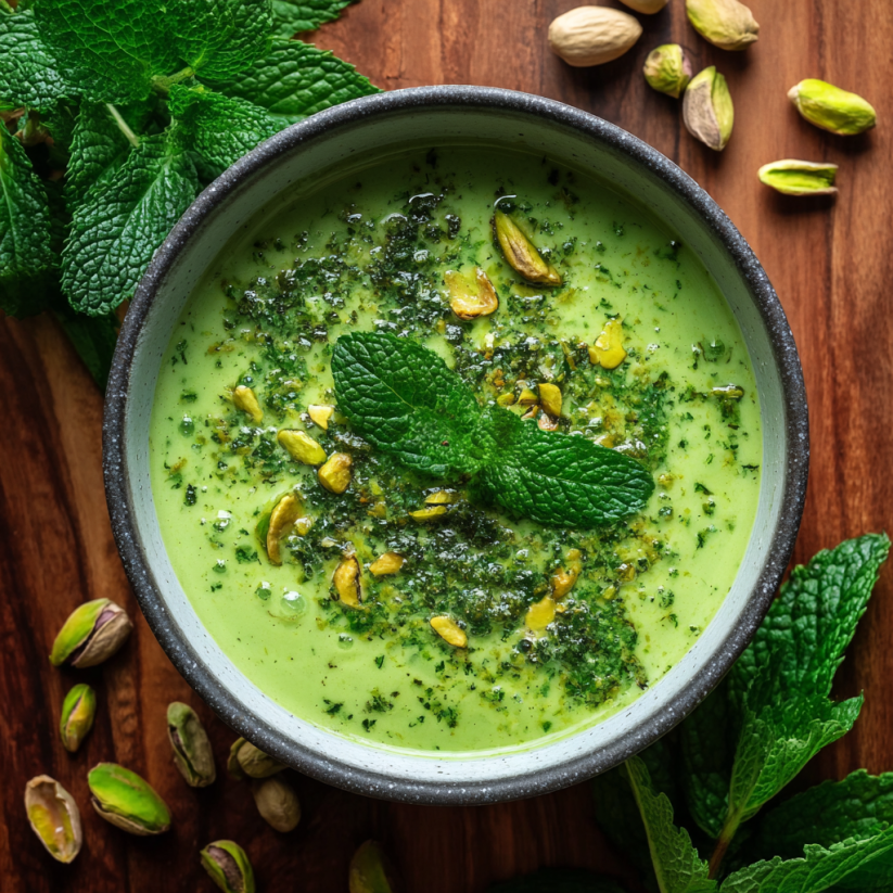 Ein Glas mit einer cremigen, grünen Suppe, die mit Mintblättern garniert ist.