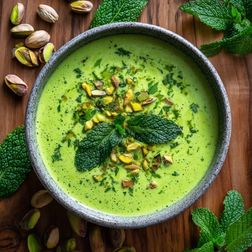 Ein Glas mit einer cremigen, grünen Suppe, die mit Nüssen und Blattgold garniert ist.