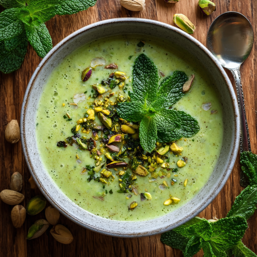 Ein Glas mit einer Mischung aus Kichererbsen-Soup und Mintblättern.
