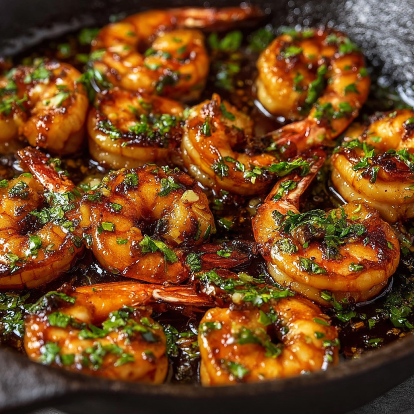 Eine Schüssel mit Shrimp, die in einer Brühe mit Honey Butter und Old Bay getaucht sind.
