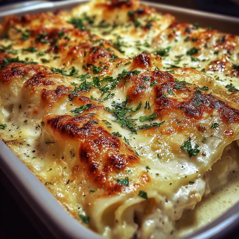 Ein Becher mit Chicken Alfredo Lasagna Rolls.