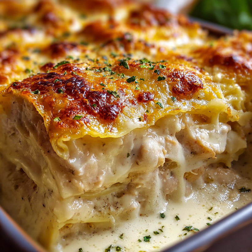 Ein Bild von Chicken Alfredo Lasagna Rolls, die in einem Schälchen auf einem Teller liegen.