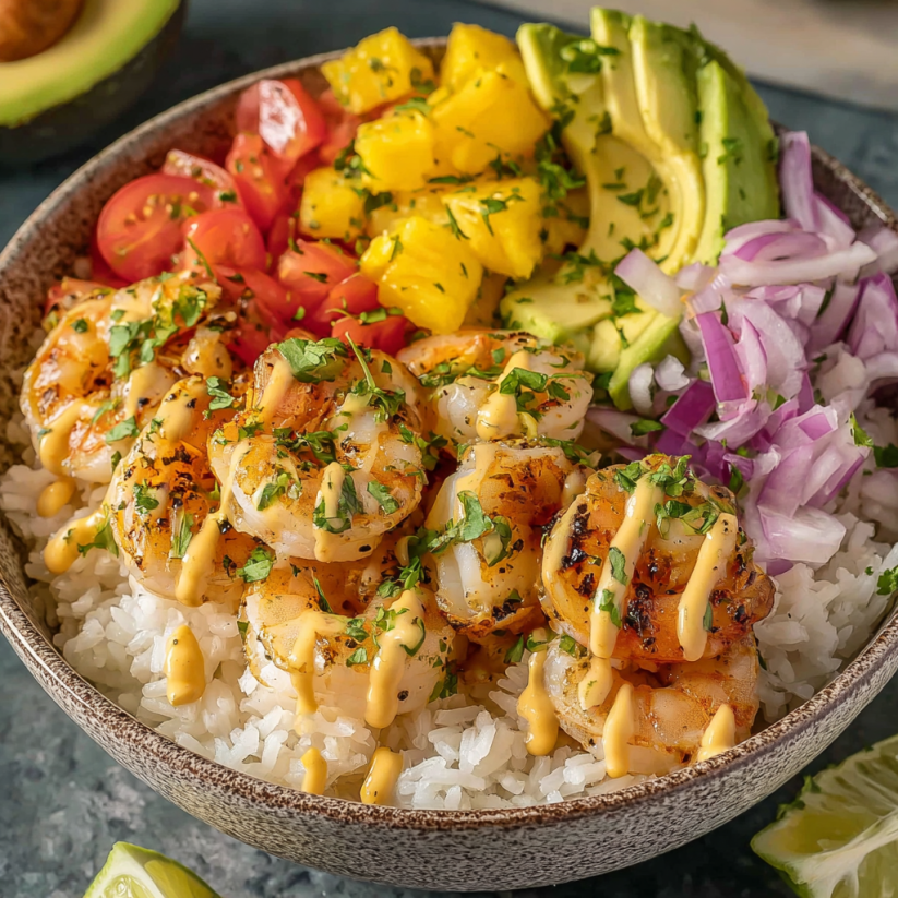 Ein Schälchen mit Shrimp, Avocado, Mango und Salsa.