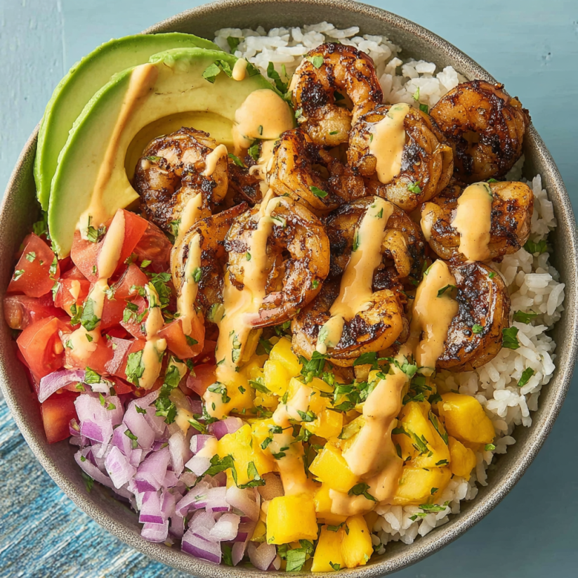 Ein Schälchen mit Shrimp, Avocado, Mango und Salsa.