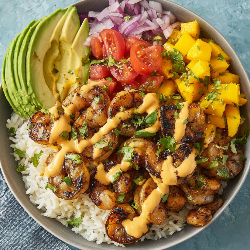 Ein Schälchen mit frischem Shrimp, Avocado, Mango und Tomaten.