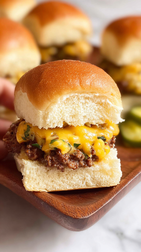 Ein Stück Käsehamburger auf einem Holzbrett.